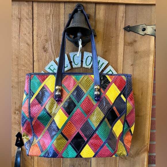1980’s Unique Colorful Patchwork Leather Tote. Made in Italy - Picture 1 of 9